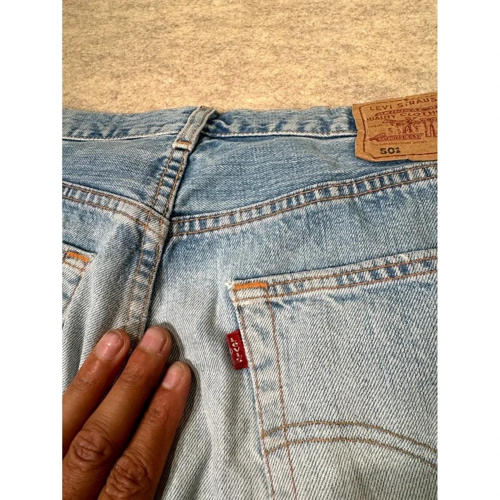 Levis 501 Original Fit Jeans Mens 38x34 Light Blue Whiskering Denim Straight Leg